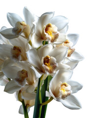 Orchid Elegance: A cluster of exquisite white orchids blooms, showcasing delicate petals and vibrant yellow centers, radiating a sense of purity, elegance, and natural beauty.