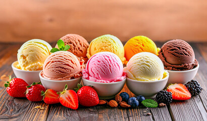 Assorted ice cream scoops in Ice waffle cup surrounding fruits	