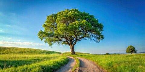 A solitary tree stands amidst a tranquil forest, its branches stretching towards a clear blue sky with a winding path meandering beneath it , blue sky, forest