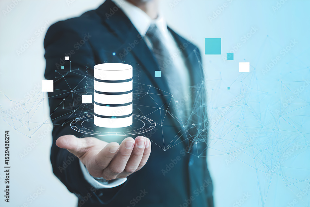 Aufkleber a businessman presents a digital database symbol showcasing modern technology innovation data manage
