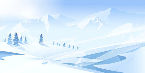 Snowy mountain valley with pine trees on white hills, minimalist style, soft blue sky background. Concept of winter nature. Vector illustration