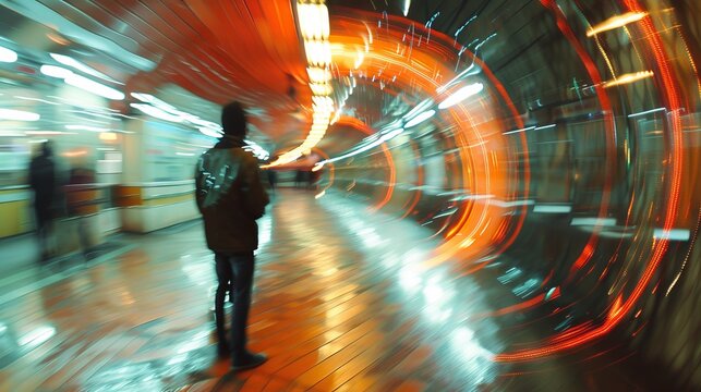 A dynamic motion blur image captures the energy of a subway station, full of vibrant lights and a lone figure creating a fleeting moment of urban life.