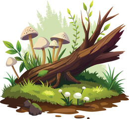 Forest floor scene with mushrooms and fallen log