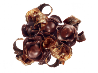 Chocolate curls with golden accents isolated on transparent background, PNG