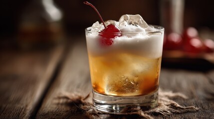 A whiskey sour in a lowball glass, egg white foam topping with a maraschino cherry resting on a clear ice cube.