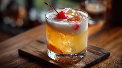 A whiskey sour in a lowball glass, egg white foam topping with a maraschino cherry resting on a clear ice cube.
