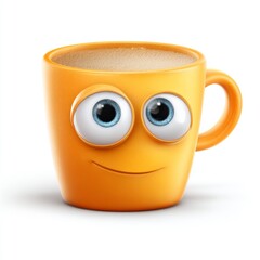 Cheerful orange mug with big cartoon eyes, smiling face, and warm beverage, perfect for adding joy to any kitchen space