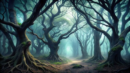 Dark misty forest with twisted tree trunks and branches , haunted woods