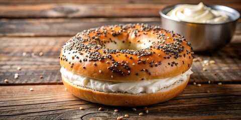 A delicious everything bagel with a generous helping of creamy spread, topped with a sprinkle of sesame seeds and poppy seeds on a wooden table , food, spread