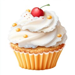 Delicious and Colorful Cupcake with Cream Frosting and Cherry on Top, Sweet Treat for Any Celebration or Dessert Table