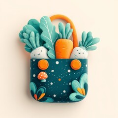 Colorful Vegetable Bag with Happy Characters and Playful Design in Bright Minimalistic Style for Creative Concepts