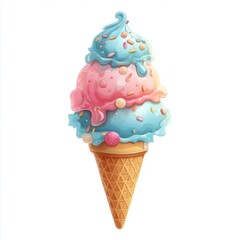 Vibrant Ice Cream Cone with Colorful Scoop Toppings in a Waffle Cone on a White Background