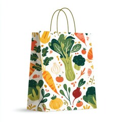 Colorful grocery bag with an illustration of fresh vegetables including carrots, broccoli, onions, and leafy greens on a white background