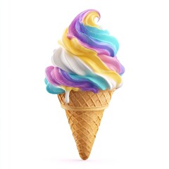 Colorful swirled ice cream in cone with vibrant pastel shades and creamy texture against white background
