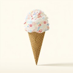 Colorful Ice Cream Cone with Whipped Cream and Decorative Sprinkles Against a Light Background