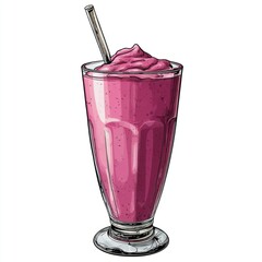 Delicious Pink Milkshake in a Tall Glass with a Straw and Whipped Cream Topping for Refreshing Treats and Desserts
