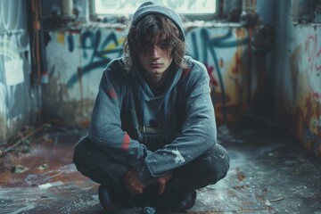A contemplative young man sits in an abandoned space, surrounded by graffiti and neglect, exploring themes of isolation, introspection, and the passage of time.