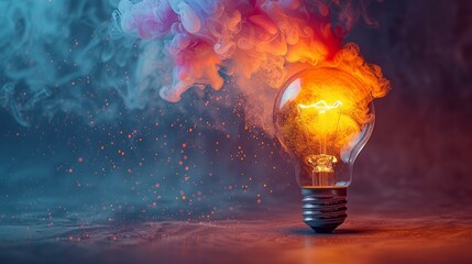 An artistic representation of a light bulb bursting with color, surrounded by vibrant smoke and sparks, symbolizing creativity, innovation, and the explosion of ideas.