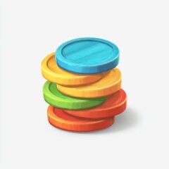 Colorful Stacked Wooden Coins with Bright Shades of Blue, Orange, Yellow, Green, and Red on a Clean White Background