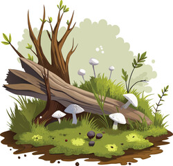  Fallen tree branch, forest floor, small white mushrooms, moss, grass blades, woodland decay