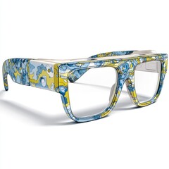 Colorful artistic spectacle design featuring bold blue and yellow patterns on oversized glasses with a modern aesthetic