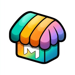 Colorful Icon of a Dreamy Shop with a Vibrant Rooftop and a Playful Letter M for Online Marketplace and Shopping Application