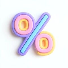 Colorful percentage symbol made of soft plastic with pastel shades on a clean white background for financial concepts