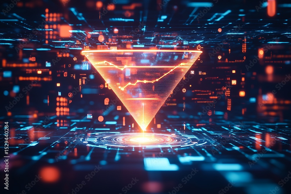 Poster a glowing digital funnel with coins entering and transforming into data.