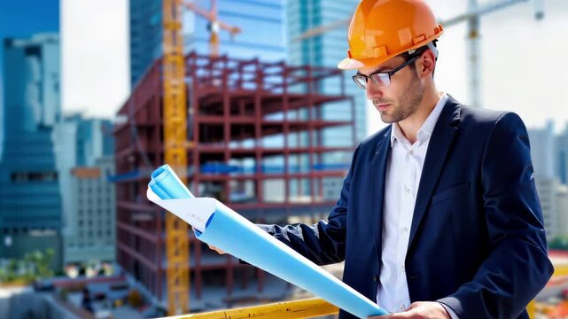 Professional architect engineer reviewing construction blueprints at building site wearing orange safety helmet. Project manager analyzing technical plans and structural drawings for development - Powered by Adobe