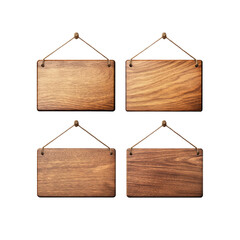 Four Blank Wooden Hanging Signs with Rope, Isolated on White Background