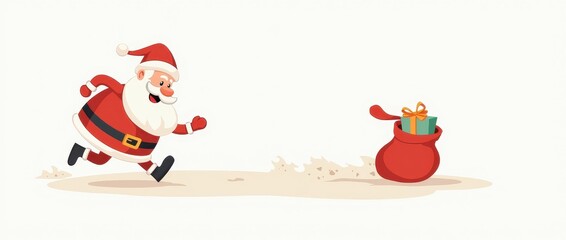 A cheerful cartoon Santa Claus running with a sack of gifts
