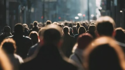 A blurred photograph of an extremely large crowd walking down the street, captured from behind with people's heads and shoulders visible but their faces not in clear focus The scene is ba