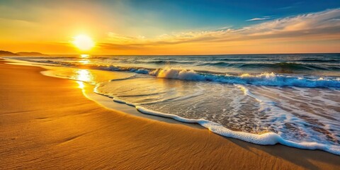 Sandy beach with rolling waves in the background, wave, golden hour, wave, golden hour,beach, calm, ocean, sunset, serene