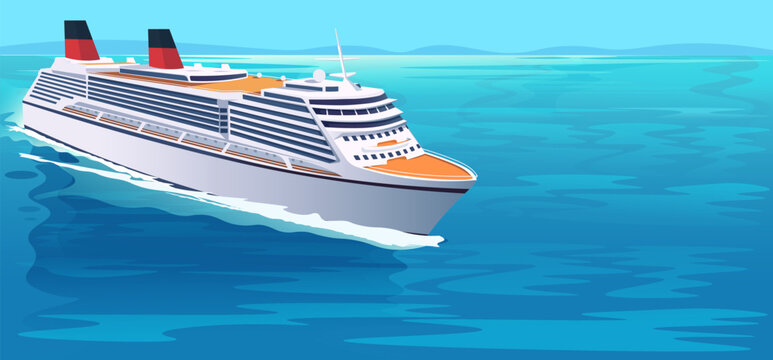 Luxury cruise liner gliding through calm ocean waters, cartoon style, with clear blue sky and distant horizon. Concept of sea travel. Vector illustration
