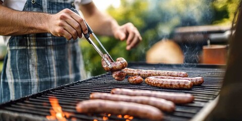 Man in an apron grilling meat on the grill at home- outdoor barbecue party with family and friends- focus on hands holding tongs for sausages on the gas barbeque