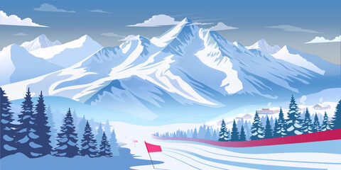 Snow-covered mountains with ski slope, pine trees, and village in flat graphic style on a bright winter blue background. Concept of skiing resort. Vector illustration