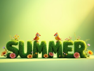 Fototapeta premium An energetic and wide banner showing the word 'SUMMER' in grassy 3D letters, perfect for seasonal websites and nature-themed promotions