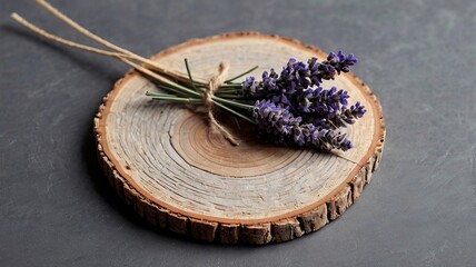 Rustic Wood Slice with Dried Lavender on Gray Background - 8