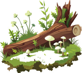  Fallen tree branch, forest floor, small white mushrooms, moss, grass blades, woodland decay