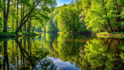 Fototapeta premium Forest trees reflected in water of pond in summer time