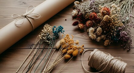 Obraz premium Overhead view of dried flowers and scroll with twine on a wooden table capturing natural light and earthy tones emphasizing textures and details.