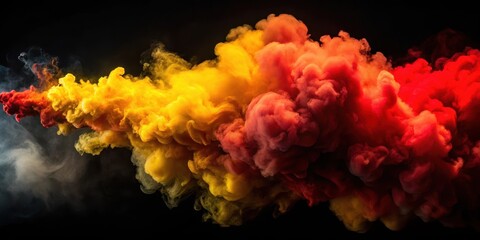 Fototapeta premium billowing red yellow smoke on black background, gloomy sky, dark atmosphere