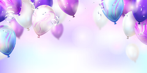 Festive balloons in blue, purple, and white with swirling patterns and ribbons on a soft pastel background. Celebration concept. Vector illustration