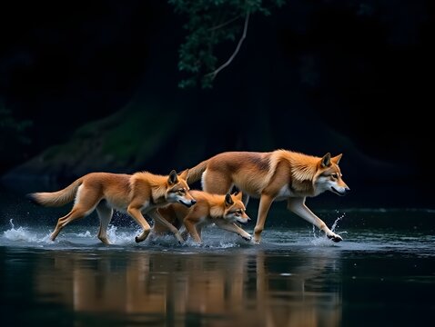 Majestic Red Wolf Family Crossing a Dark River at Night Wildlife Photography