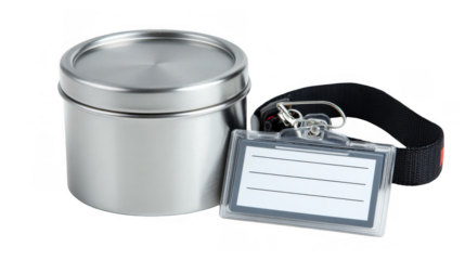Stainless steel container stands next to a staff identification badge with empty fields, suggesting a concept of personalized corporate gifts or employee onboarding, all on a transparent background