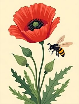 Red poppy flower with green leaves and a buzzing bee in flat art