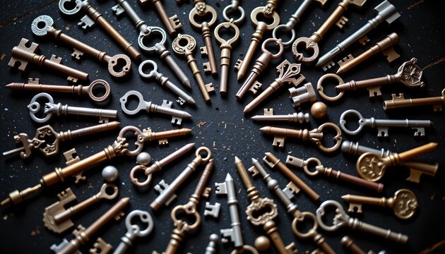 a collection of keys displayed in a circular pattern with each key positioned at the end of an extended chain link