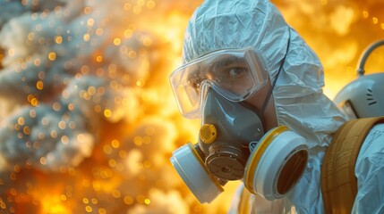 A person in protective gear stands amidst an explosive backdrop, highlighting the importance of safety and preparedness in hazardous environments and emergency situations.