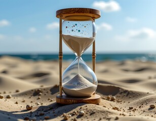 a serene beach scene with a large hourglass as the focal point