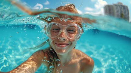 Naklejka premium A joyful girl submerged underwater wearing swimming goggles, showcasing a vibrant and playful spirit. A perfect representation of fun moments at the beach or pool.